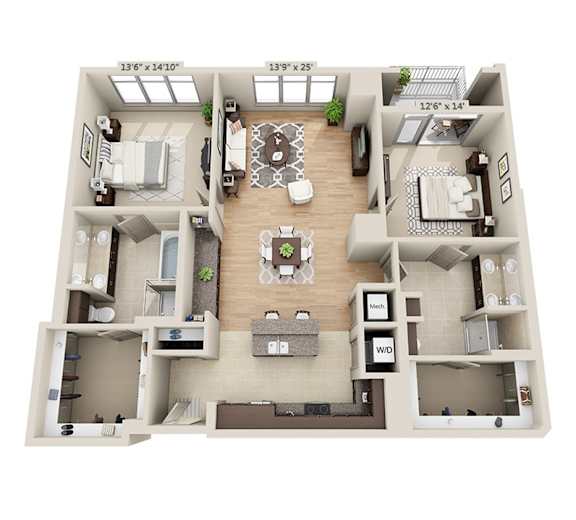 A 3D floor plan of a two-bedroom apartment with a living room, kitchen, and bathroom.