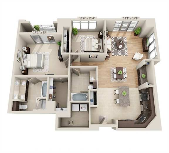 A floor plan of a two-bedroom apartment with a living room, kitchen, and bathroom.