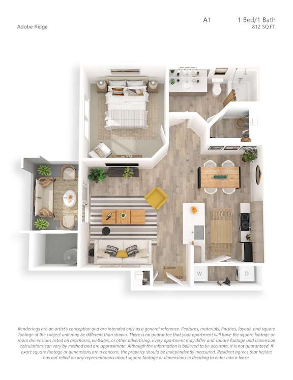 A 1 Bed/1 Bath apartment in Adobe Ridge is 812 square feet.