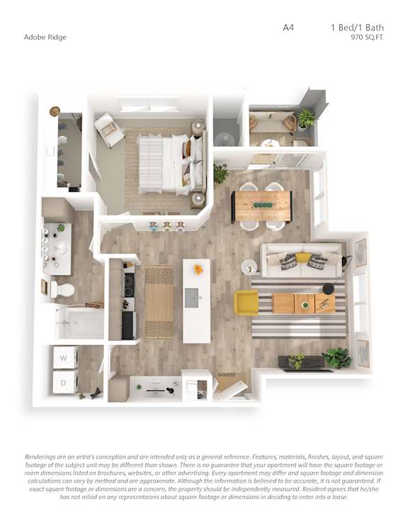 A floor plan of a one bedroom apartment with a bath.