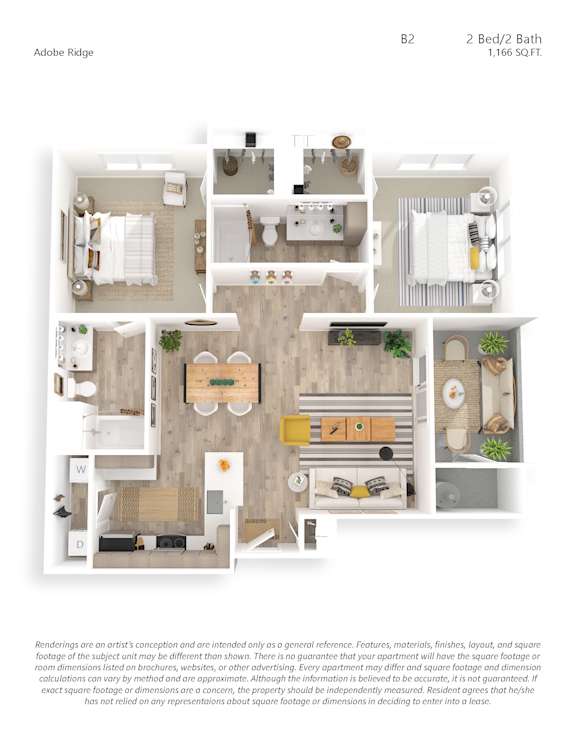 A floor plan of a 2 Bed/2 Bath apartment in Adobe Ridge.