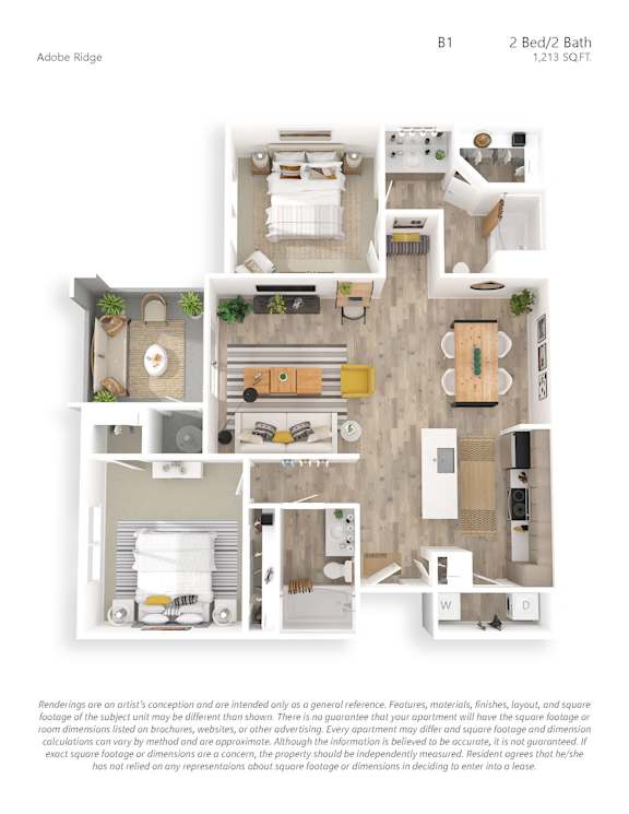 A floor plan of a 2 Bed/2 Bath apartment in the Adobe Ridge building.