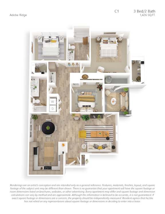 A floor plan of a 3 Bed/2 Bath apartment sized 1,426 SQFT.