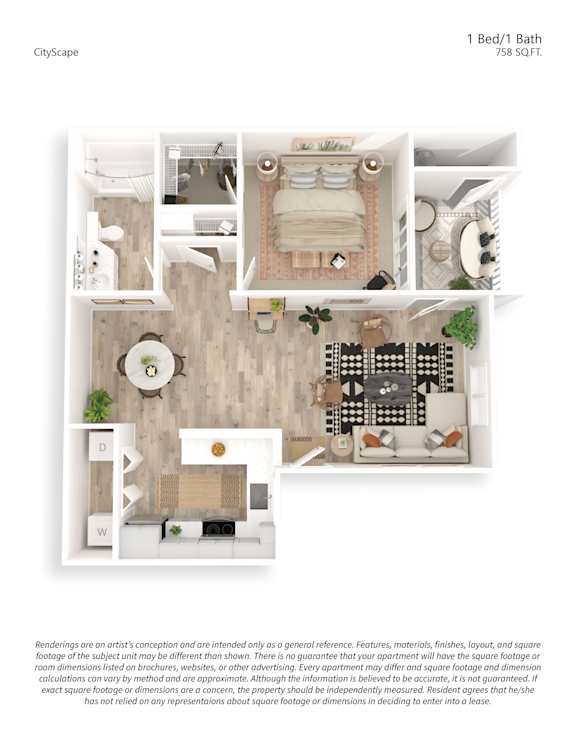 A floor plan of a 1 Bed/1 Bath apartment with a total area of 758 SQFT.