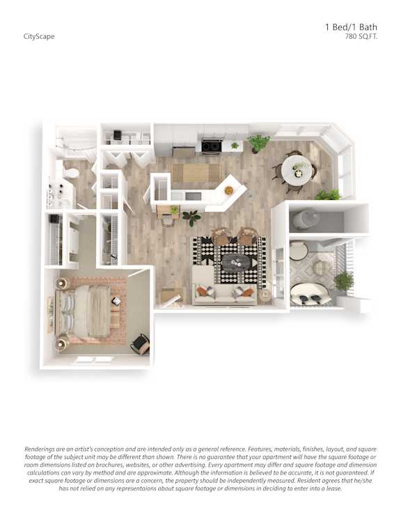 A floor plan of a 1 Bed/1 Bath apartment with a total area of 780 SQFT.