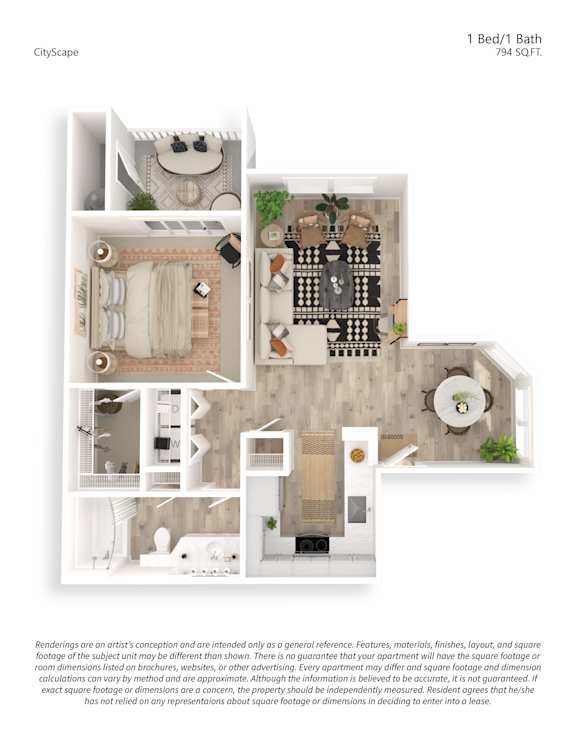 A floor plan of a 1 Bed/1 Bath apartment with a total area of 794 SQFT.