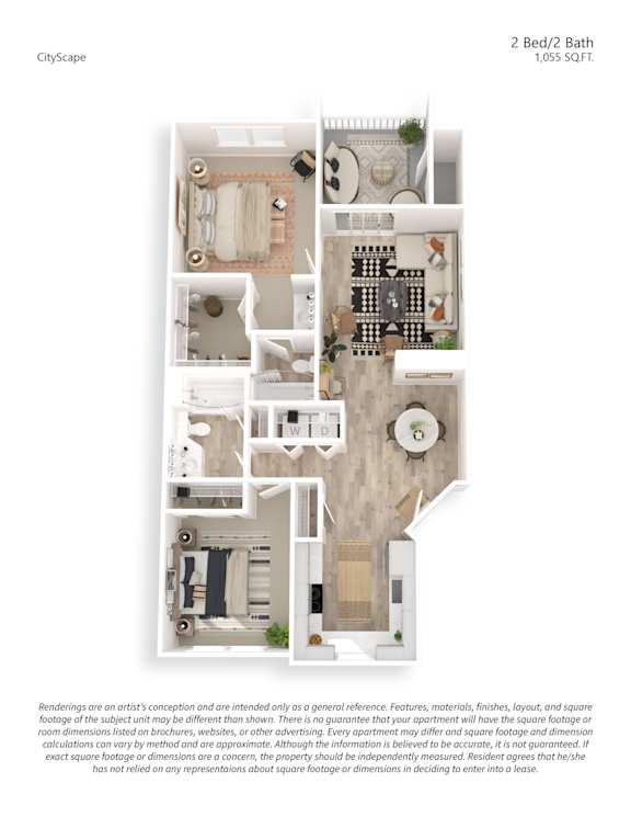 A floor plan of a 2 Bed/2 Bath apartment sized 1,055 SQFT.