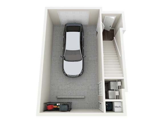 A car is parked in a garage with a staircase on the right side.