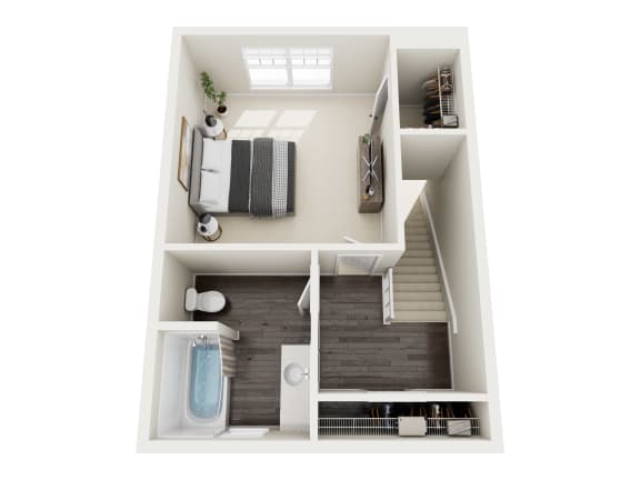 a 3d rendering of a bedroom with a bathroom and a couch