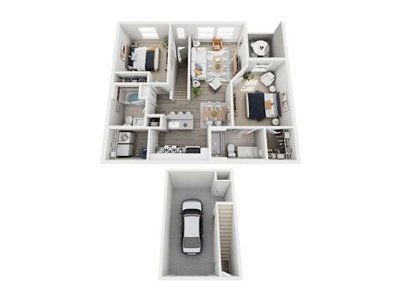 A top-down view of a house with a car parked in the driveway.