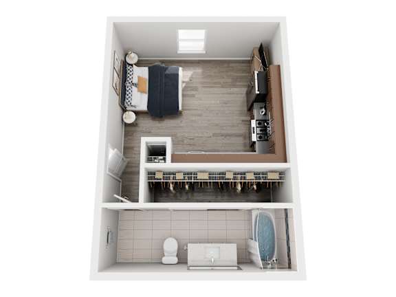 A small, neatly organized apartment with a kitchen, dining area, and bathroom.