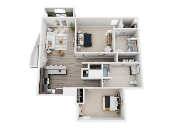 A top-down view of a small apartment with a kitchen, living room, and bedroom.