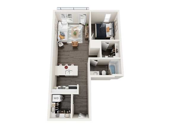 A floor plan of a small apartment with a kitchen, living room, and bedroom.
