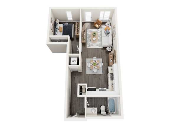 A top down view of a small apartment with a kitchen, living room and bedroom.