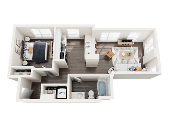 A floor plan of a small apartment with a kitchen, living room, and bathroom.