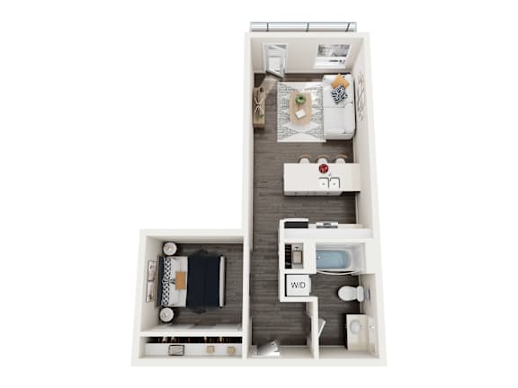 A dollhouse with a kitchen, living room, and bathroom.