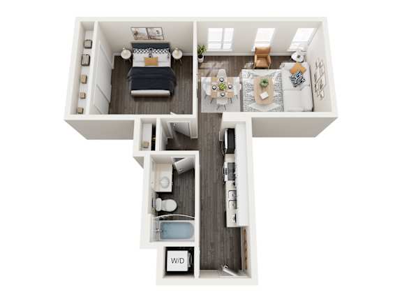 A floor plan of a small apartment with a bedroom, living room, and bathroom.