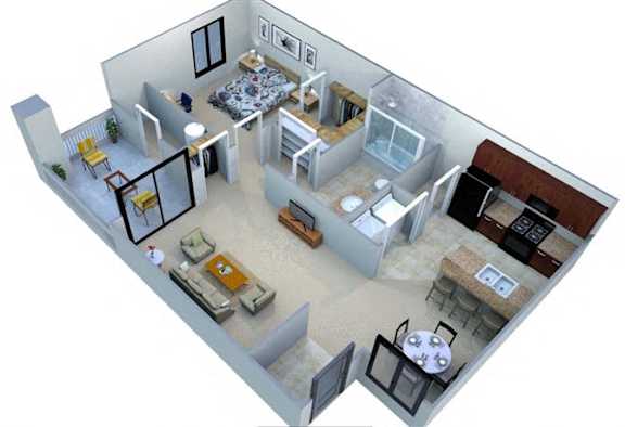 A 3D floor plan of a house with a kitchen, living room, and bedrooms.