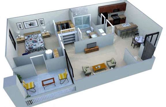 A 3D image of a modern living room with a sofa, chairs, and a coffee table.