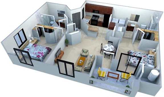 A 3D floor plan of a house with a kitchen, living room, and bedrooms.