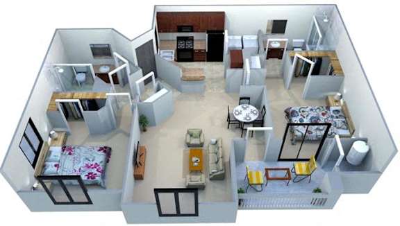 A 3D image of a house layout with a kitchen, living room, and bedrooms.