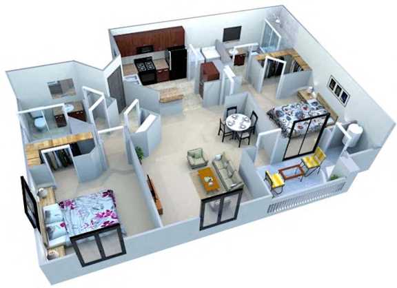 A 3D rendered image of a small apartment layout.