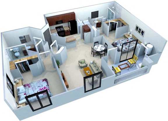 A 3D rendered image of a house layout.