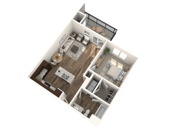 A top-down view of a house layout with a kitchen, living room, and bedrooms.