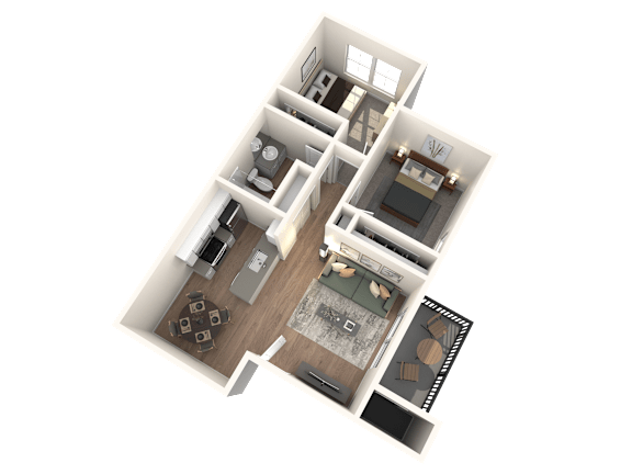 A 3D floor plan of a house with a kitchen, living room, and bathroom.
