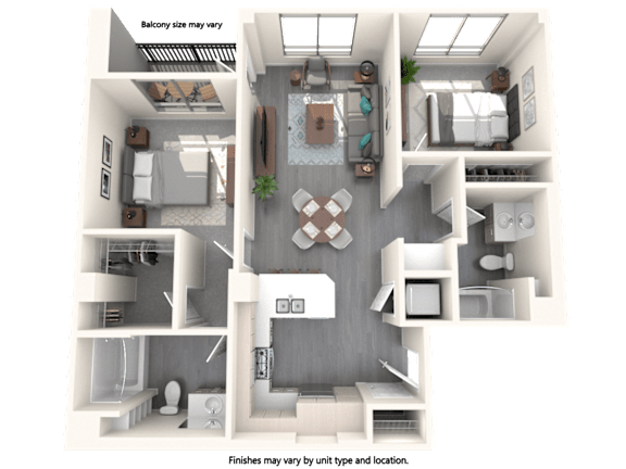 A 3D floor plan of a house showing a kitchen, living room, and bathroom.