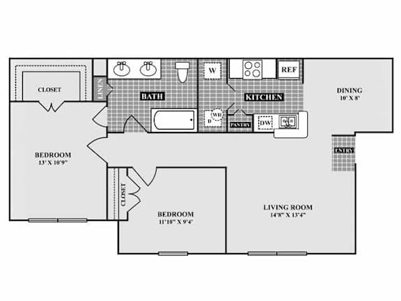 Floor Plan  A floor plan of a house with a living room, two bedrooms, a bathroom, a kitchen, a dining room, and a closet.