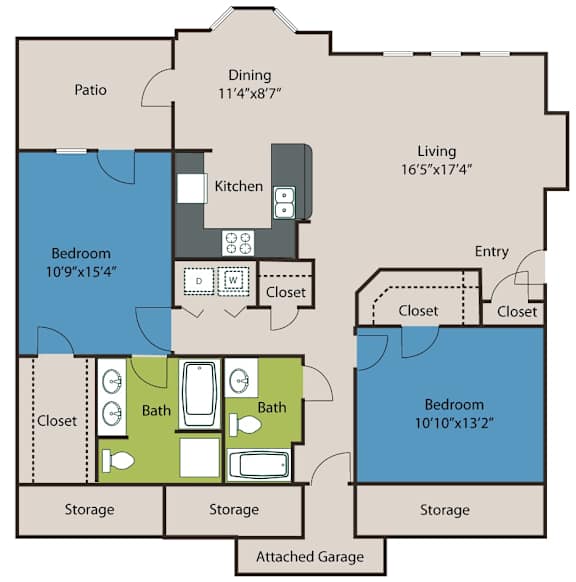 A floor plan of a house with a living area, two bedrooms, a kitchen, a dining area, a bathroom, and an attached garage.