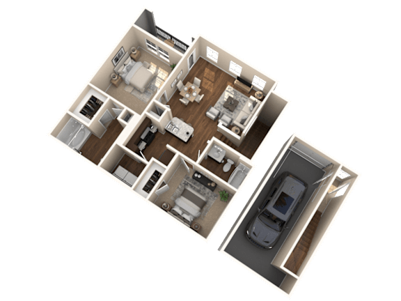A 3D floor plan of a house with a car parked in the driveway.