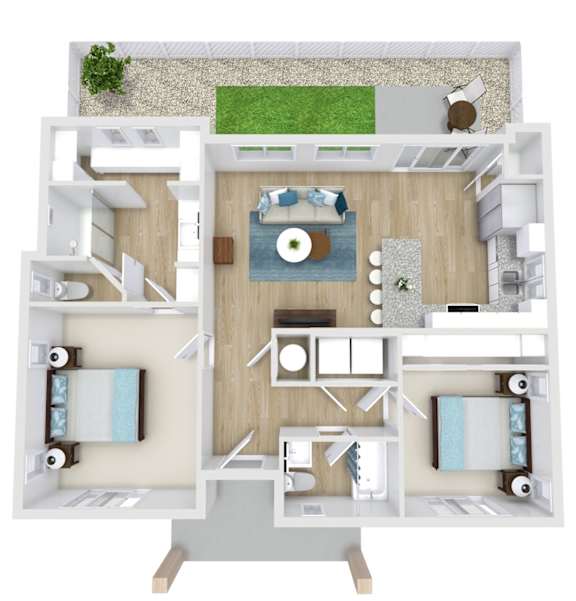 A 3D floor plan of a house with a living room, kitchen, and two bedrooms.