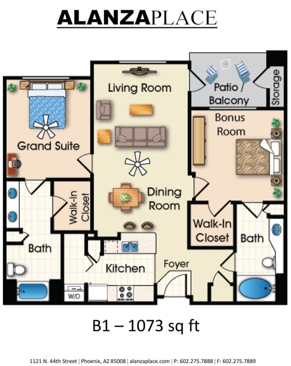 Two bedroom two bathroom 1,073 Sq.Ft. Floor plan at Alanza Place, Arizona, 85008
