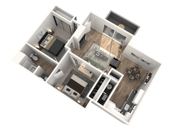 A 3D floor plan of a house with a kitchen, living room, and two bedrooms.