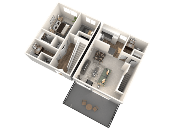 A 3D image of a house layout with two bedrooms, a living room, a kitchen, a bathroom, and a garage.