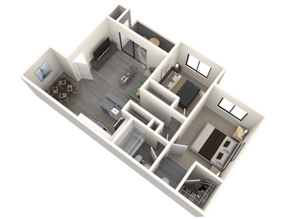A 3D floor plan of a house with multiple rooms and furniture.