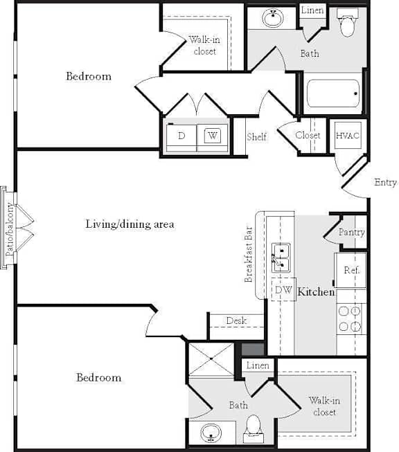 A floor plan of a house with two bedrooms, a living/dining area, a kitchen, a pantry, a bath, a linen closet, and a walk-in closet.