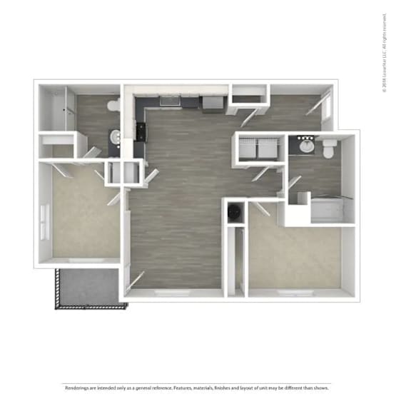 A floor plan of a house with a kitchen, living room, and two bedrooms.