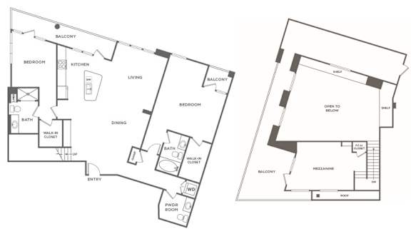 A floor plan of a two story home with a balcony on the second floor.