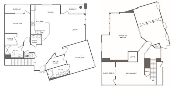 A floor plan of a house with two balconies, a dining area, a kitchen, a living room, two bedrooms, a bathroom, a washbasin, a toilet, a waste bin, a water clos
