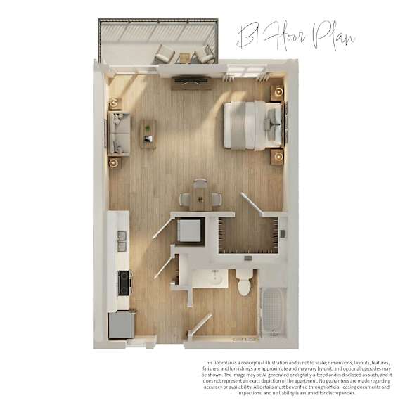 A 3D floor plan of a small apartment with a kitchen, living room, and bathroom.