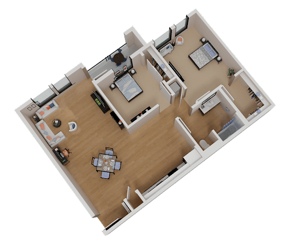 A 3D rendered image of a house layout.