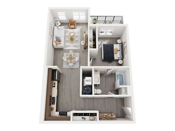 A top-down view of a small apartment with a kitchen, living room, and bedroom.