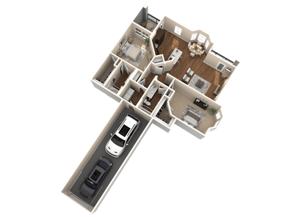 A 3D rendered image of a house layout.