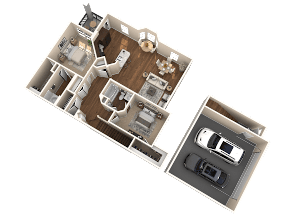 A 3D floor plan of a house with a garage and a car.