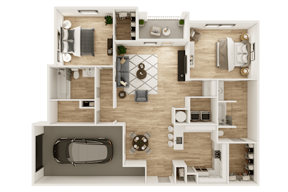 A top-down view of a house layout with a living room, kitchen, dining area, and a car parked in the garage.