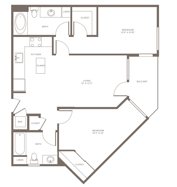 A floor plan of a two-bedroom apartment with a living room, kitchen, and bathroom.