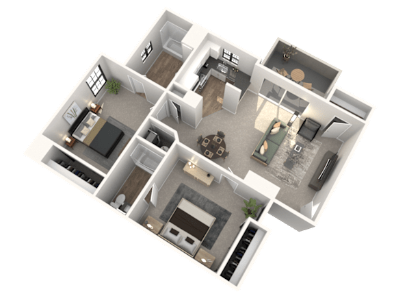 A 3D floor plan of a house with multiple rooms.